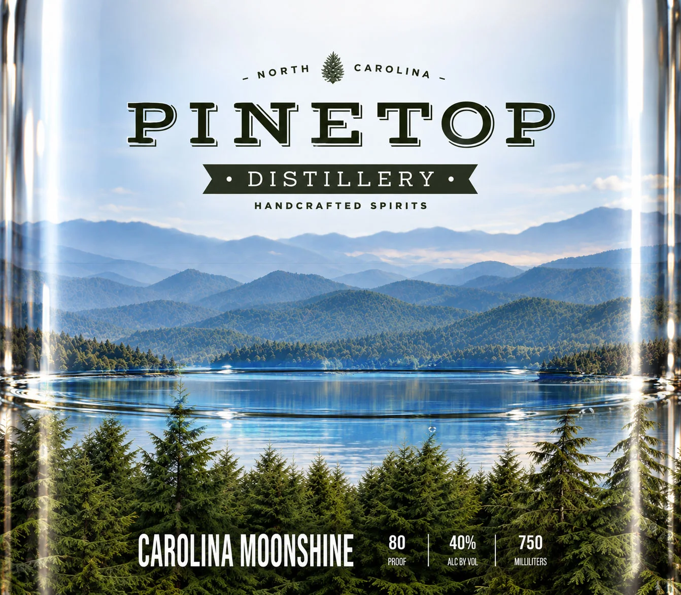 Carolina Moonshine label: a mountain lake revealed through the spirit